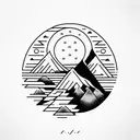 A bright sun with a mountain inside. A stream splits the mountain into two.  tattoo design idea