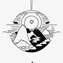 A bright sun with a mountain inside. A stream splits the mountain into two.  tattoo design idea