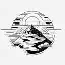 A bright sun with a mountain inside. A stream splits the mountain into two.  tattoo design idea