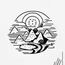 "The Alchemist" book cover. A bright sun with a mountain inside. A stream splits the mountain into two.  tattoo design idea