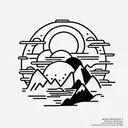 "The Alchemist" book cover. A bright sun with a mountain inside. A stream splits the mountain into two.  tattoo design idea