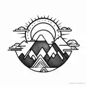 A sun with a mountain inside. A stream of water splits the mountain. The silhouette of a bear sits beside the stream. tattoo design idea