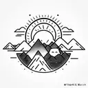 A sun with a mountain inside. A stream of water splits the mountain. The silhouette of a bear sits beside the stream. tattoo design idea