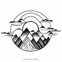 A sun with a mountain inside. A stream of water splits the mountain. The silhouette of a bear sits beside the stream. tattoo design idea
