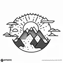 A sun with a mountain inside. A stream of water splits the mountain. The silhouette of a bear sits beside the stream. tattoo design idea