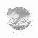 A sun with a mountain inside. A stream of water splits the mountain. The silhouette of a bear sits beside the stream. tattoo design idea