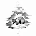 A sun with a mountain inside. A stream of water splits the mountain. The silhouette of a bear sits beside the stream. tattoo design idea