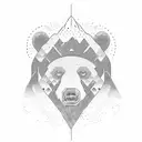 A sun with a mountain inside. A stream of water splits the mountain. The silhouette of a bear sits beside the stream. tattoo design idea
