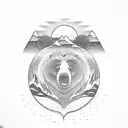 A sun with a mountain inside. A stream of water splits the mountain. The silhouette of a bear sits beside the stream. tattoo design idea