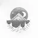 A sun with a mountain inside. A stream of water splits the mountain. The silhouette of a bear sits beside the stream. tattoo design idea