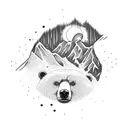 A sun with a mountain inside. A stream of water splits the mountain. The silhouette of a bear sits beside the stream. tattoo design idea