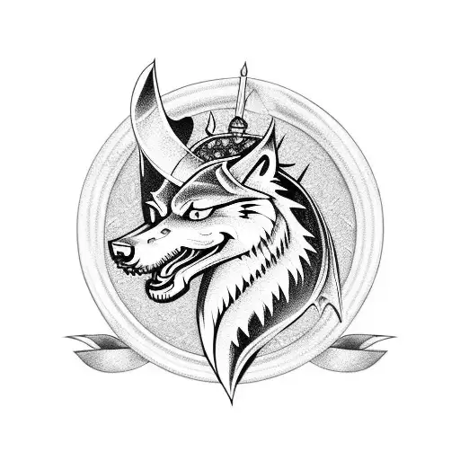 crest with wolf, dragon and viking ship tattoo design idea
