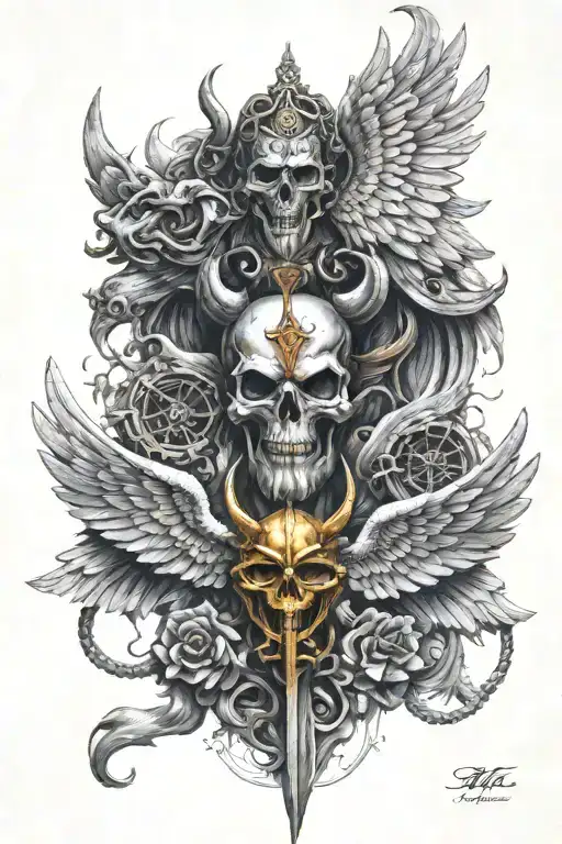 trishul with angel and devil wing attached tattoo design idea