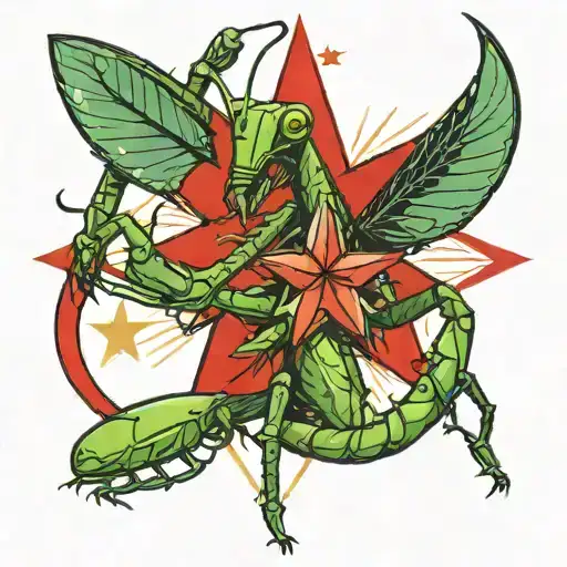 mantis in front of a red star sign tattoo design idea