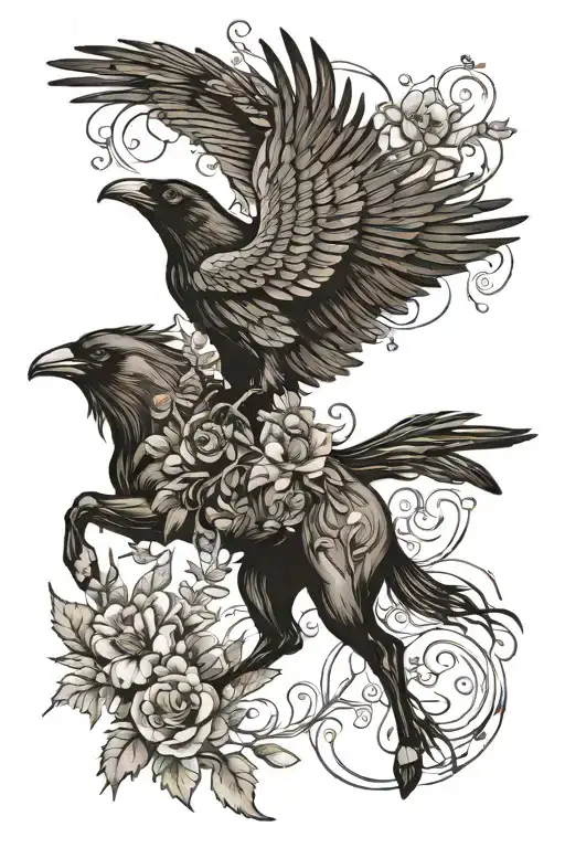 a raven mid flight, a horse, and a songbird sourrounded by plants in black and white tattoo design idea