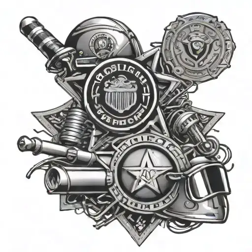 A five-point star made up of golf tees, police badges, firefighter helmets, Harley Davidson logos, and beach waves tattoo design idea