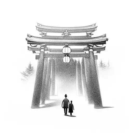 a japanese torii gate with stairs and people walking to the torii tattoo design idea