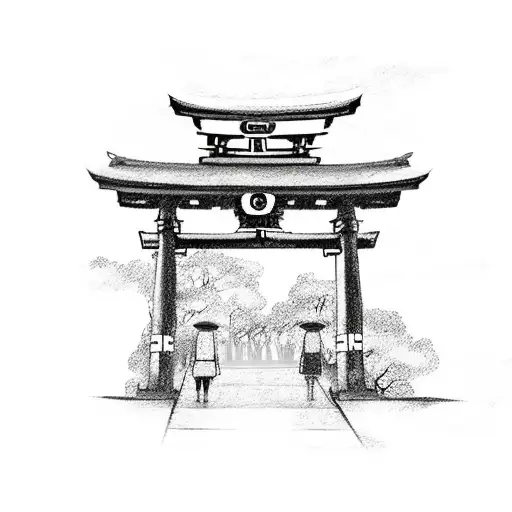 a japanese torii gate with a stairs and people walking to the torii tattoo design idea
