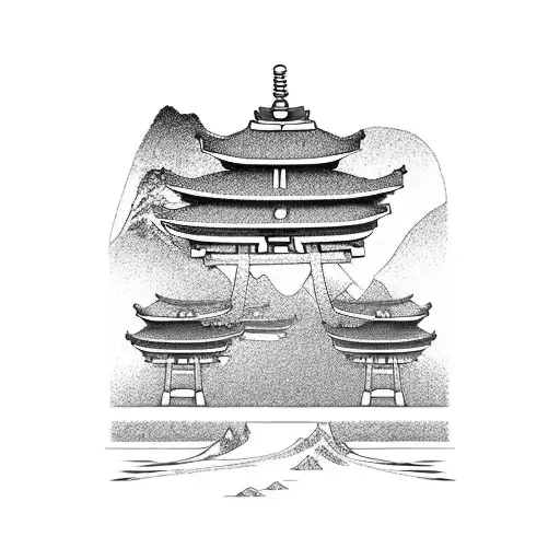 a japanese torii gate with a stairs and people walking to the torii tattoo design idea