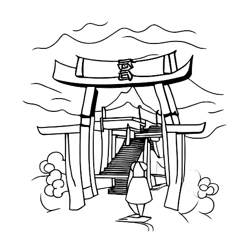 a japanese torii gate with stairs and people walking to the torii tattoo design idea