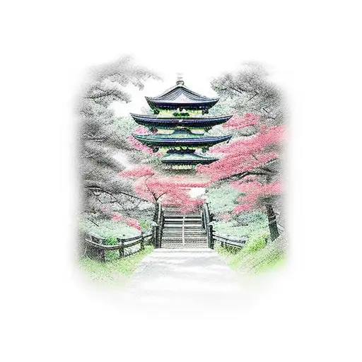 a japanese torii gate with stairs and  6 peoples walking to the torii tattoo design idea