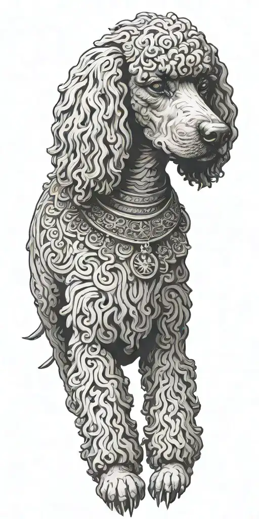 A tattoo combining elements of a  poodle, Code of Hammurabi, showcasing  dogs and interest in ancient Sumerian history tattoo design idea