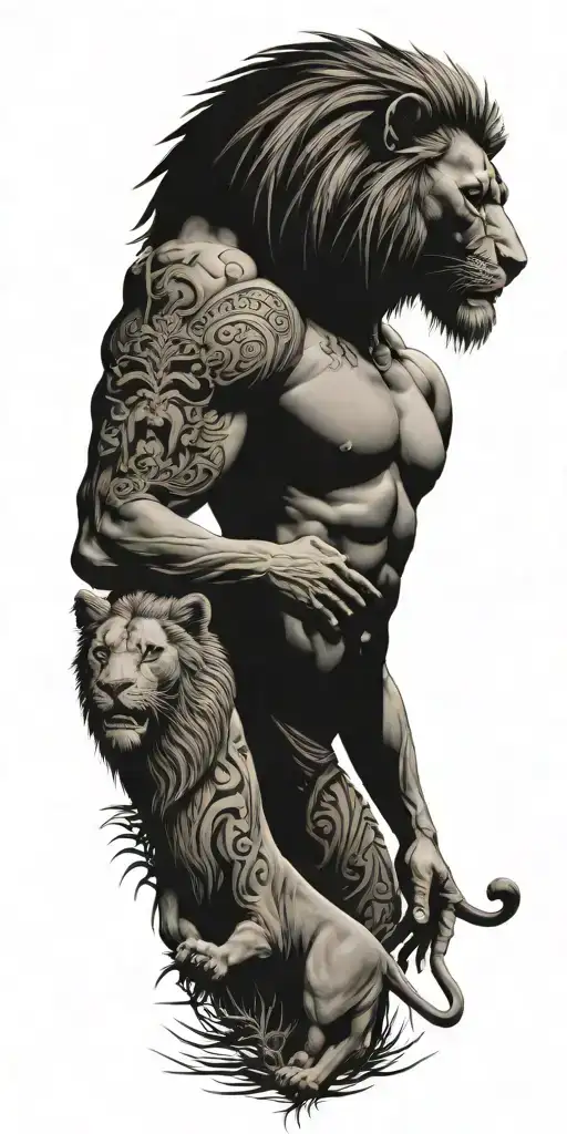 Gilgamesh standing with lion while the hanging gardens and ziggurats go down arm  tattoo design idea