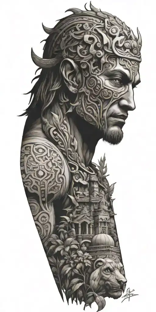 Gilgamesh  with gardens and ziggurats   tattoo design idea