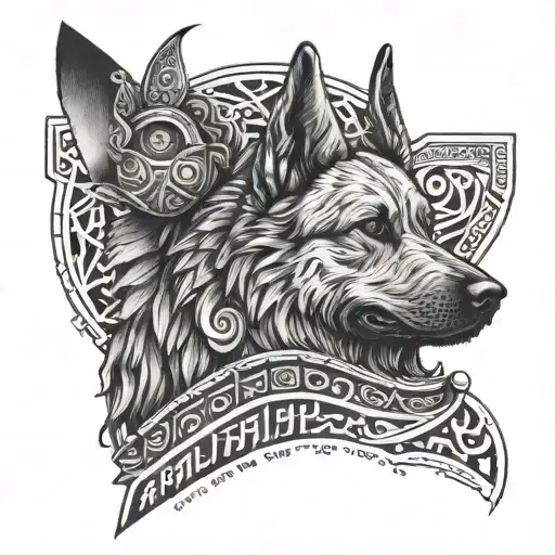 A tattoo combining elements of a German Shepherd (dog) and the Code of Hammurabi, showcasing your love for dogs and interest in ancient Sumerian history tattoo design idea