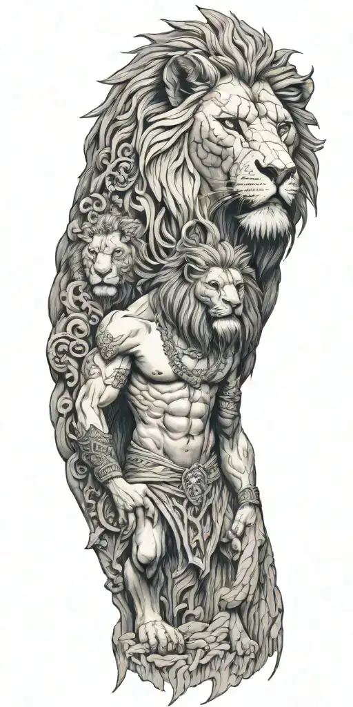 Gilgamesh standing with lion hanging gardens and ziggurats go down arm  tattoo design idea