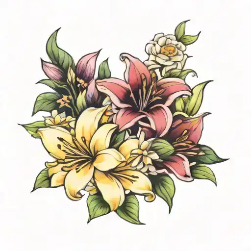lily, rose and daisy bouquet tattoo design idea