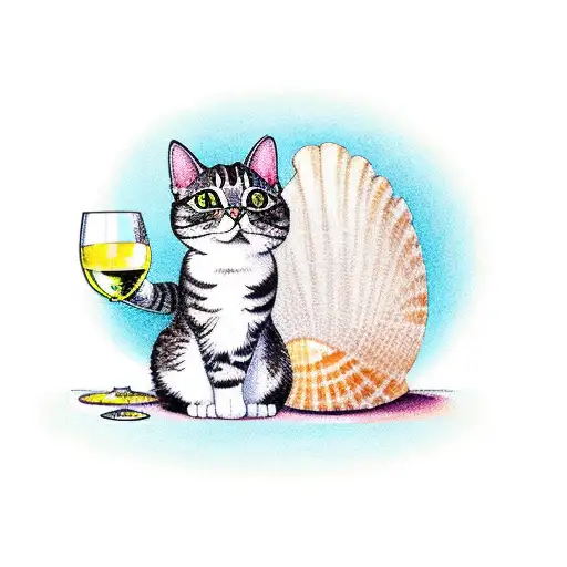 A cat sitting on a shell, holding a glass of wine in its paw tattoo design idea