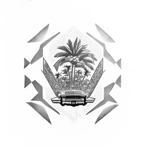 tattoo with a 1967 Buick Riviera, a 1967 Oldsmobile Cutlass Supreme Convertible, two palm trees tattoo design idea