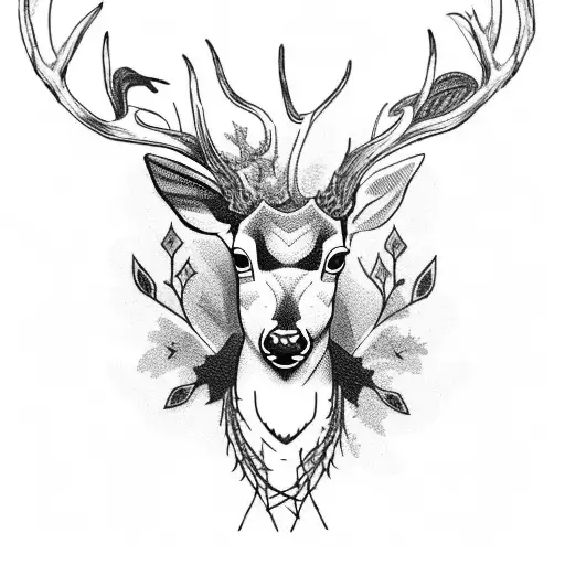 A blackwork tattoo of a deer with barbed wire wrapped around its antlers tattoo design idea