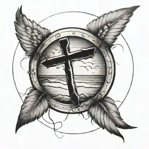 CERCLE AVEC UNE PLAGE DE SABLE AVEC UNE CROIX CHRETIENNE. AU DESSUS DE CE CERCLE IL YA DES AILES D'ANGE tattoo design idea