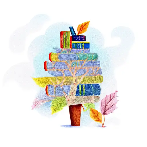 A whimsical illustration of a bookshelf filled with colorful books and autumn leaves tattoo design idea