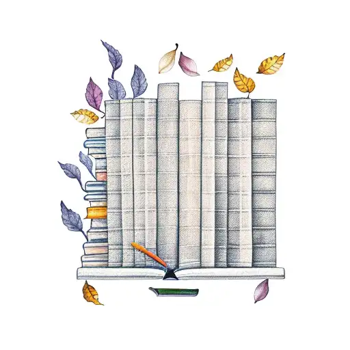 A whimsical illustration of a bookshelf filled with colorful books and autumn leaves tattoo design idea
