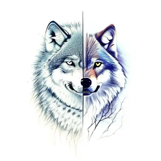 wolf head split in half with chickasaw war paint on right and half blackfoot war paint on left tattoo design idea