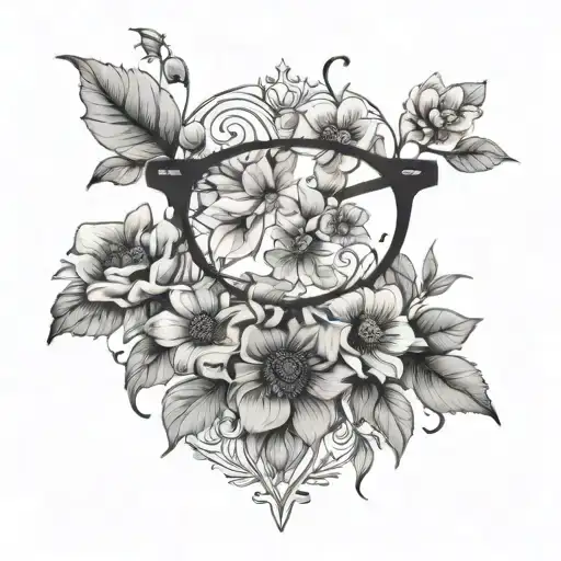 minimalistic eyeglass with flowers ontop  tattoo design idea