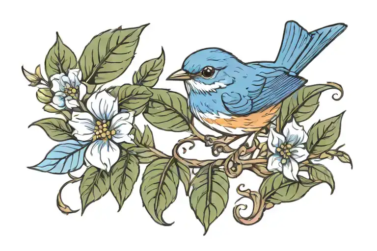 A bluebird on a bay leaf intertwined tattoo design idea