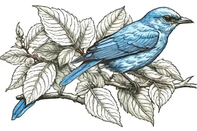 A bluebird on a laurel leaf branch  tattoo design idea