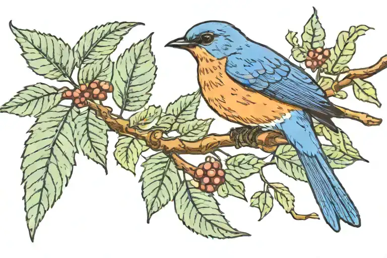 A bluebird on a laurel leaf branch representing a different family tattoo design idea