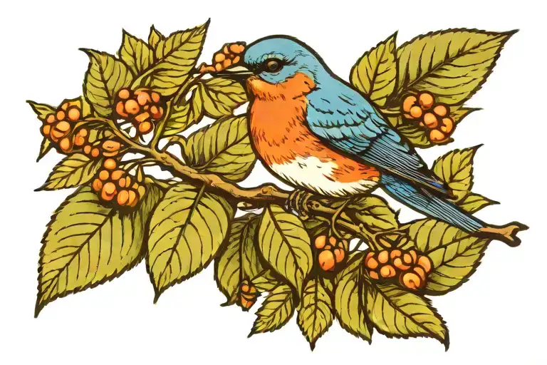 A bluebird on a laurel leaf branch representing tattoo design idea