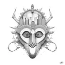 something between a jappannese omni mask and african tribesman mask tattoo design idea