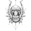 something between a jappannese omni mask and african tribesman mask tattoo design idea