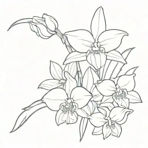 bouqet ofthe flowers Two-leaf squill, orchid, African violets tattoo design idea