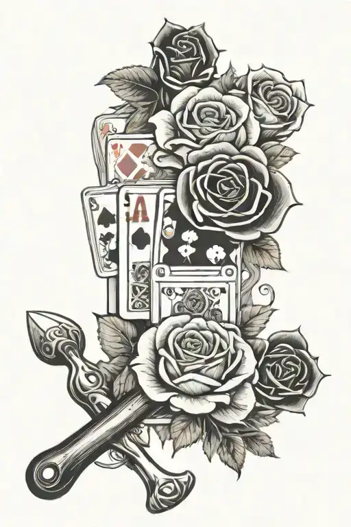 dad English rose pool cue fishing hook poker cards dominos  tattoo design idea