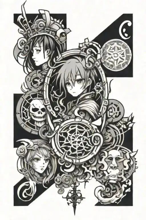 Different symbols from popular anime worked together into a sleeve. tattoo design idea
