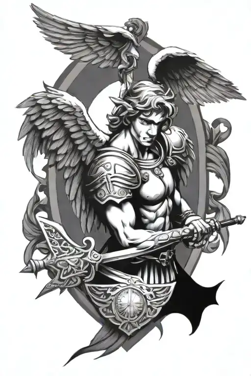 ANGEL WITH WINGS AND  SWORD AND SHIELD tattoo design idea