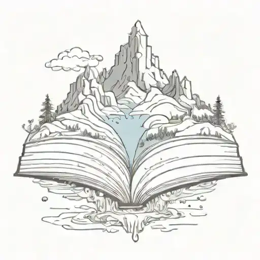 a floating mountain with water falling of the edge. And the base of the moutain is an open book  tattoo design idea